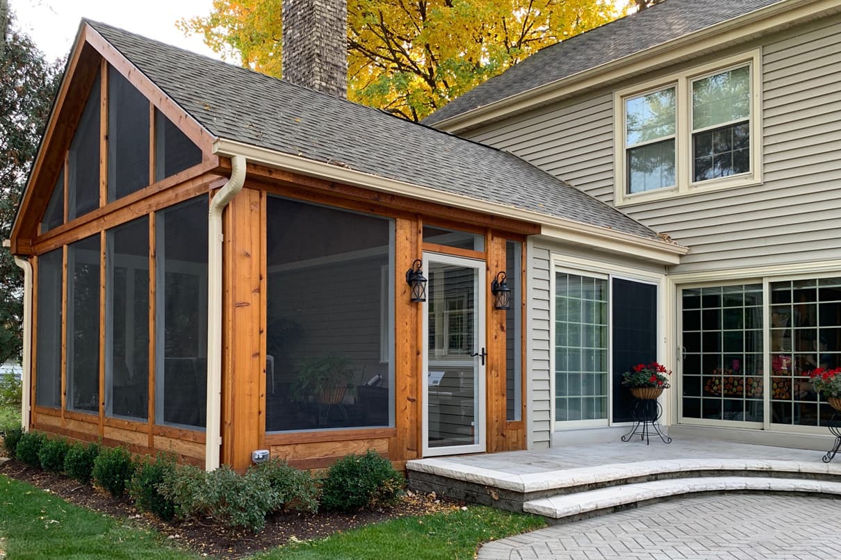 Exterior screened porch addition with cedar framing