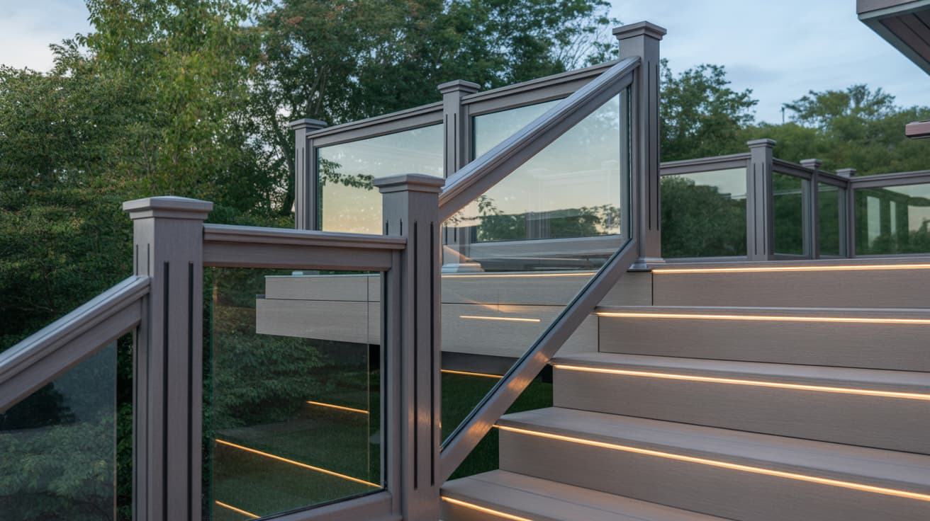 Glass deck railing and illuminated stair detail