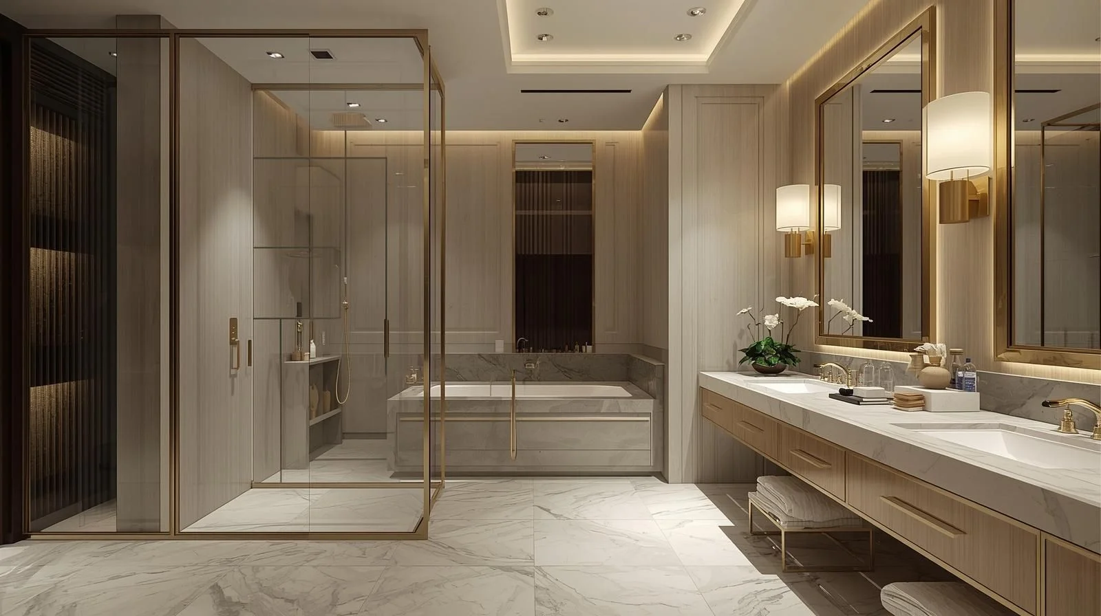 Luxury bathroom with frameless glass shower and vanity mirrors