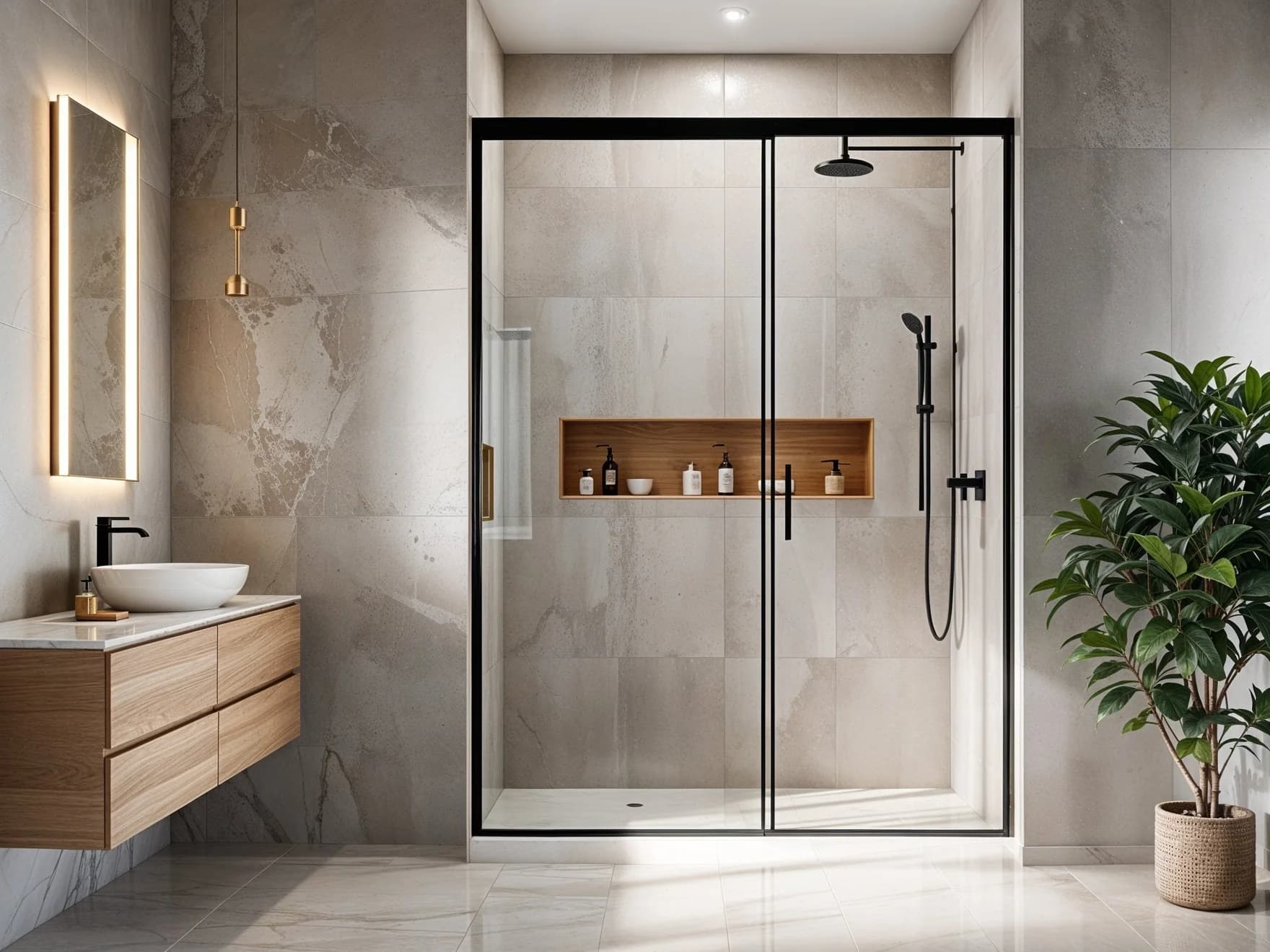 Modern bathroom shower enclosure with black frame
