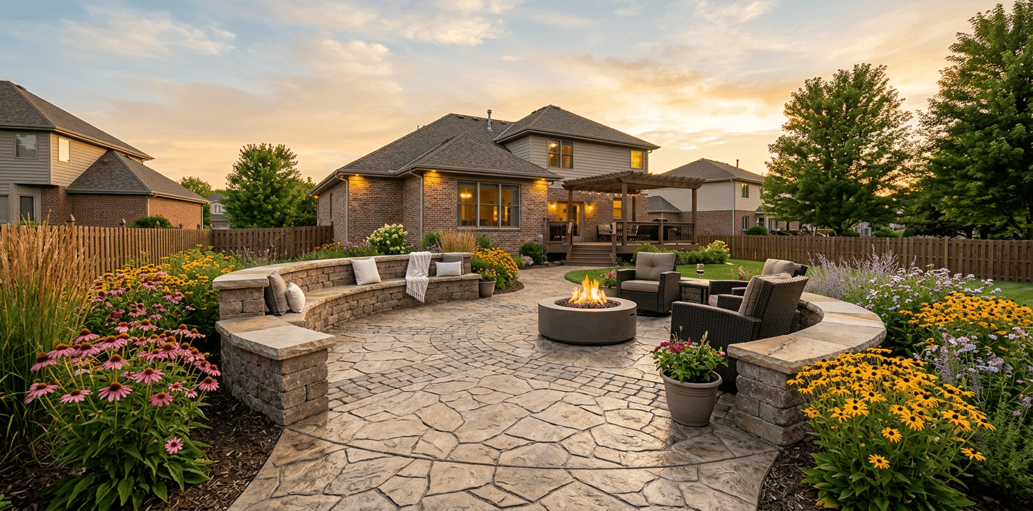 Backyard patio retreat with fire feature and garden seating