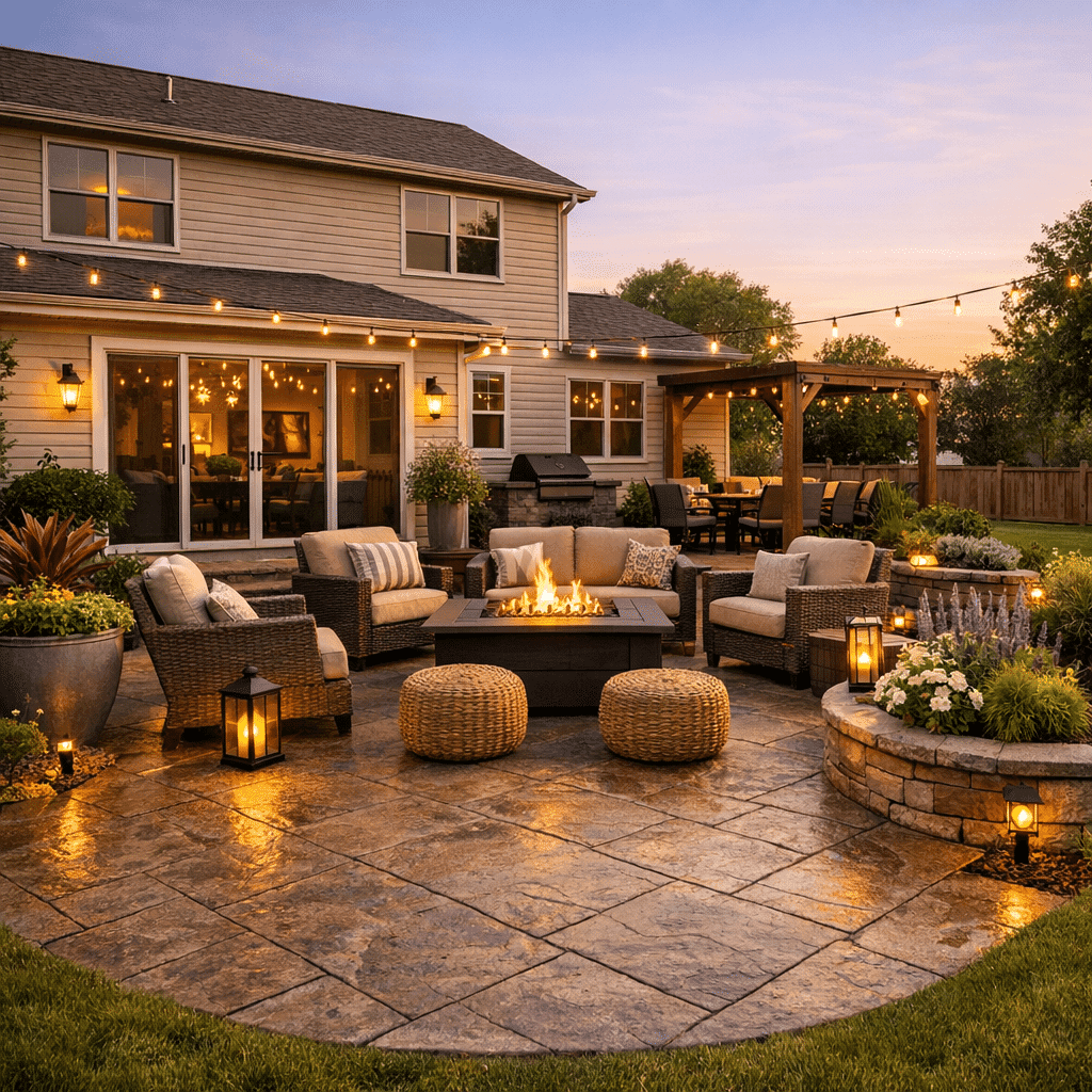 Evening outdoor living space with patio lights and fire table